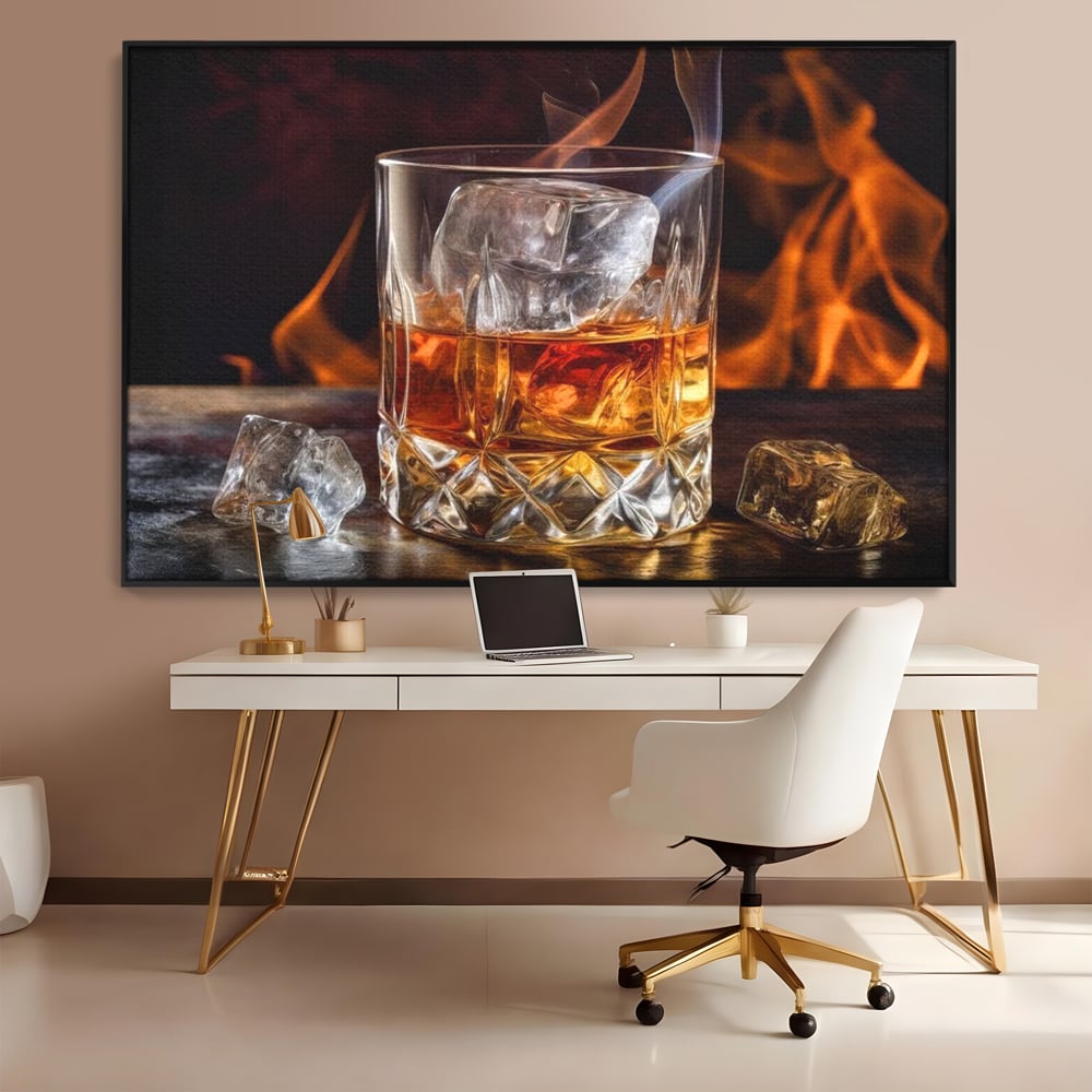 Tablou canvas cu tablou canvas cu pahar de whisky si foc, in rama de aluminiu negru, pe perete intr-un birou